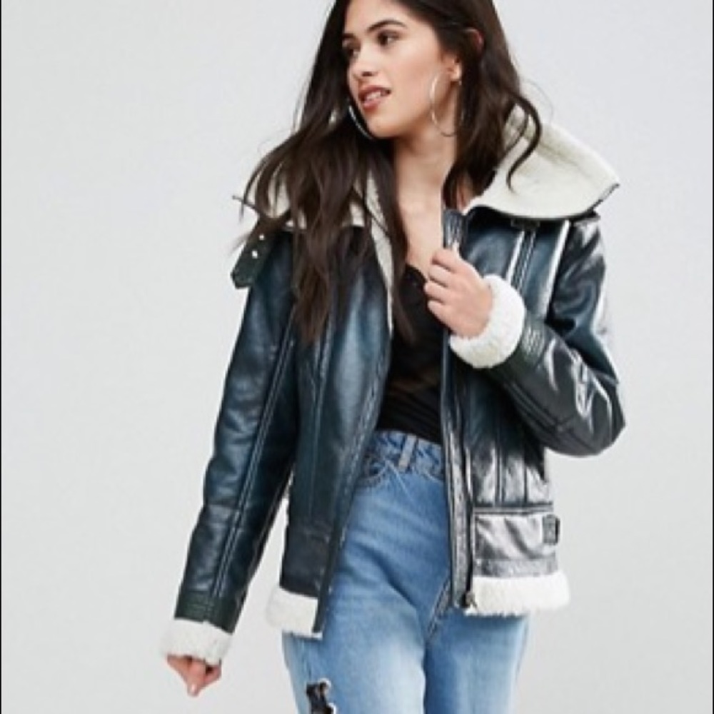 Missguided Faux Shearling Leather Aviator Jacket